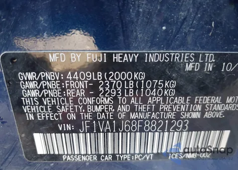 2015 Subaru Wrx Limited from USA, damaged, VIN JF1VA1J68F8821293